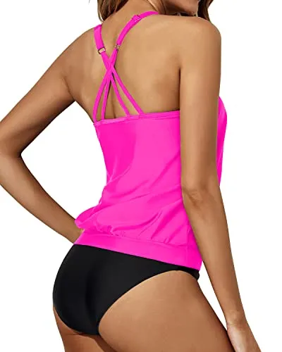 2 Piece Cute Scoop Neck Tankini Shorts For Women-Hot Pink
