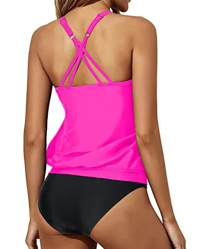 2 Piece Cute Scoop Neck Tankini Shorts For Women-Hot Pink