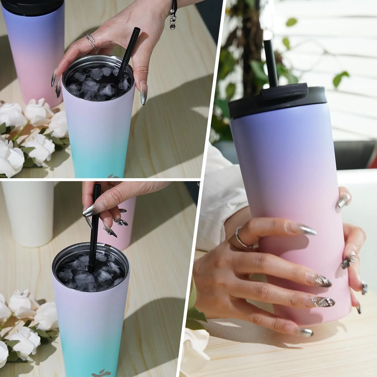 30 OZ Insulated Tumbler with Lid and 2 Straws Stainless Steel Water Bottle Vacuum Travel Mug Coffee Cup,Cherry