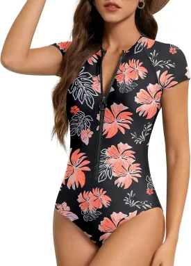 American Trends One Piece Swimsuit Womens Short Sleeve Swimsuits 2025 Bathing Suit Mock Neck Zipper Rash Guard Swimsuit