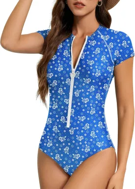 American Trends One Piece Swimsuit Womens Short Sleeve Swimsuits 2025 Bathing Suit Mock Neck Zipper Rash Guard Swimsuit