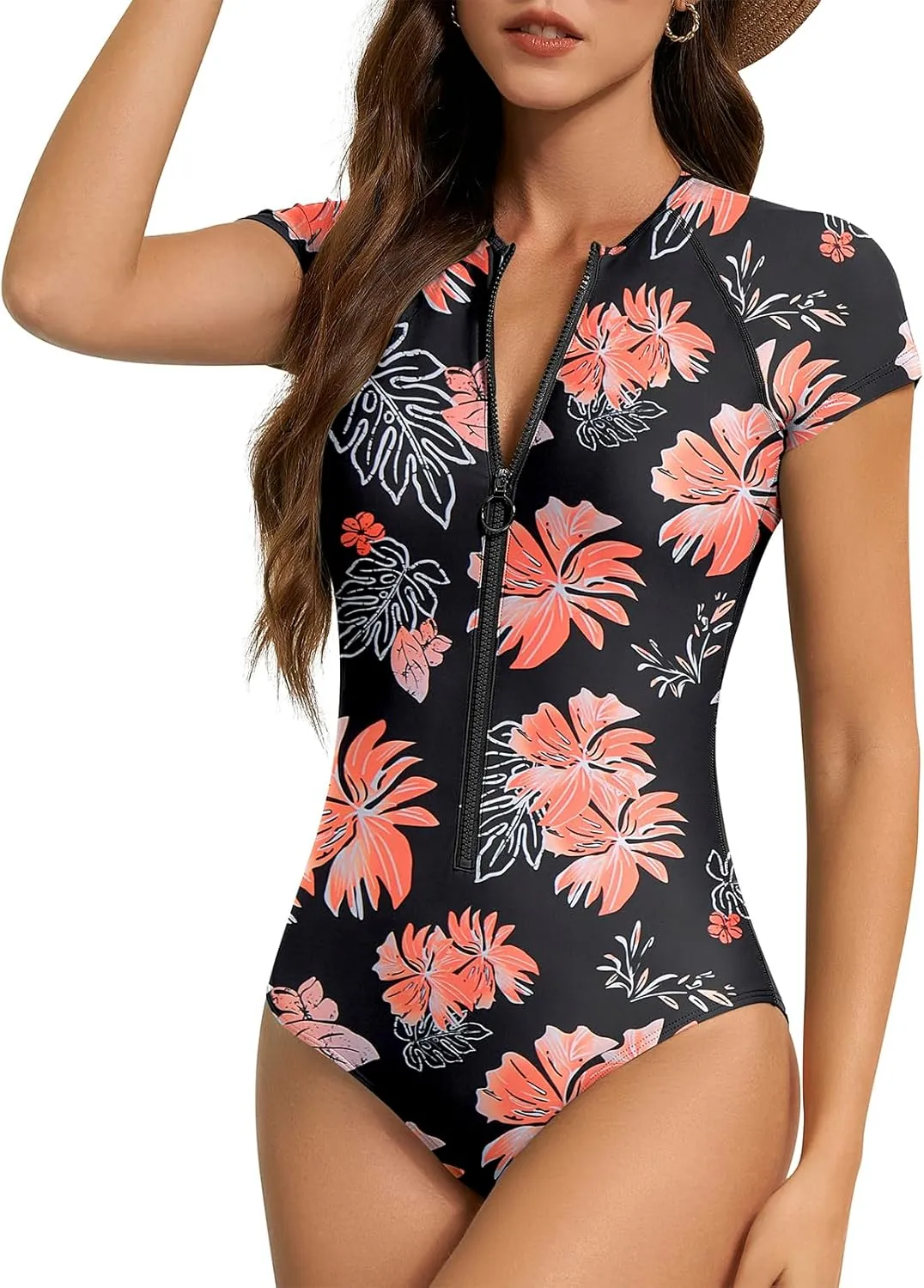 American Trends One Piece Swimsuit Womens Short Sleeve Swimsuits 2025 Bathing Suit Mock Neck Zipper Rash Guard Swimsuit