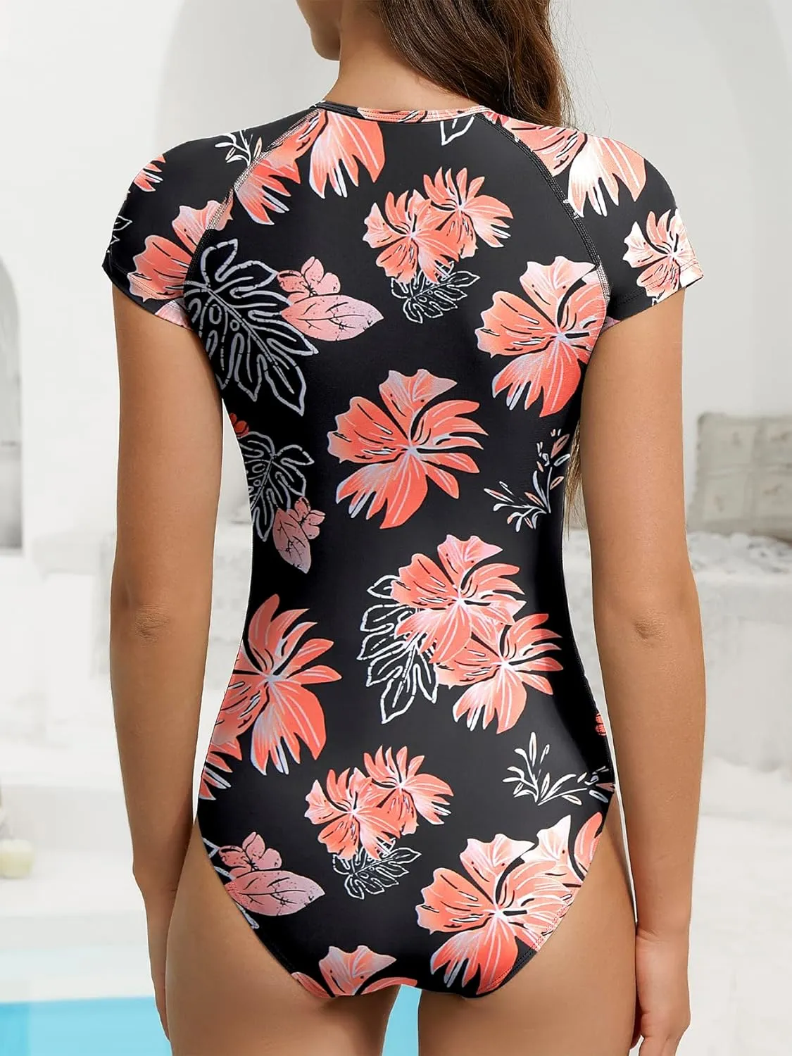 American Trends One Piece Swimsuit Womens Short Sleeve Swimsuits 2025 Bathing Suit Mock Neck Zipper Rash Guard Swimsuit