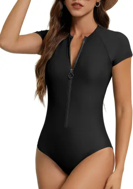 American Trends One Piece Swimsuit Womens Short Sleeve Swimsuits 2025 Bathing Suit Mock Neck Zipper Rash Guard Swimsuit