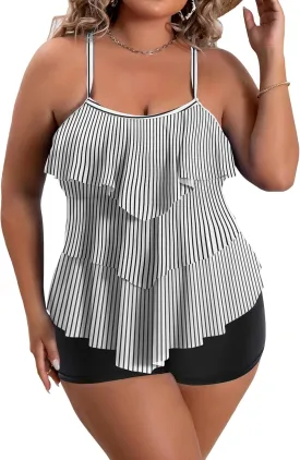 B2prity Women Plus Size Tankini Swimsuits Tummy Control Two Piece Bathing Suit Ruffled Flounce Swimwear with Shorts