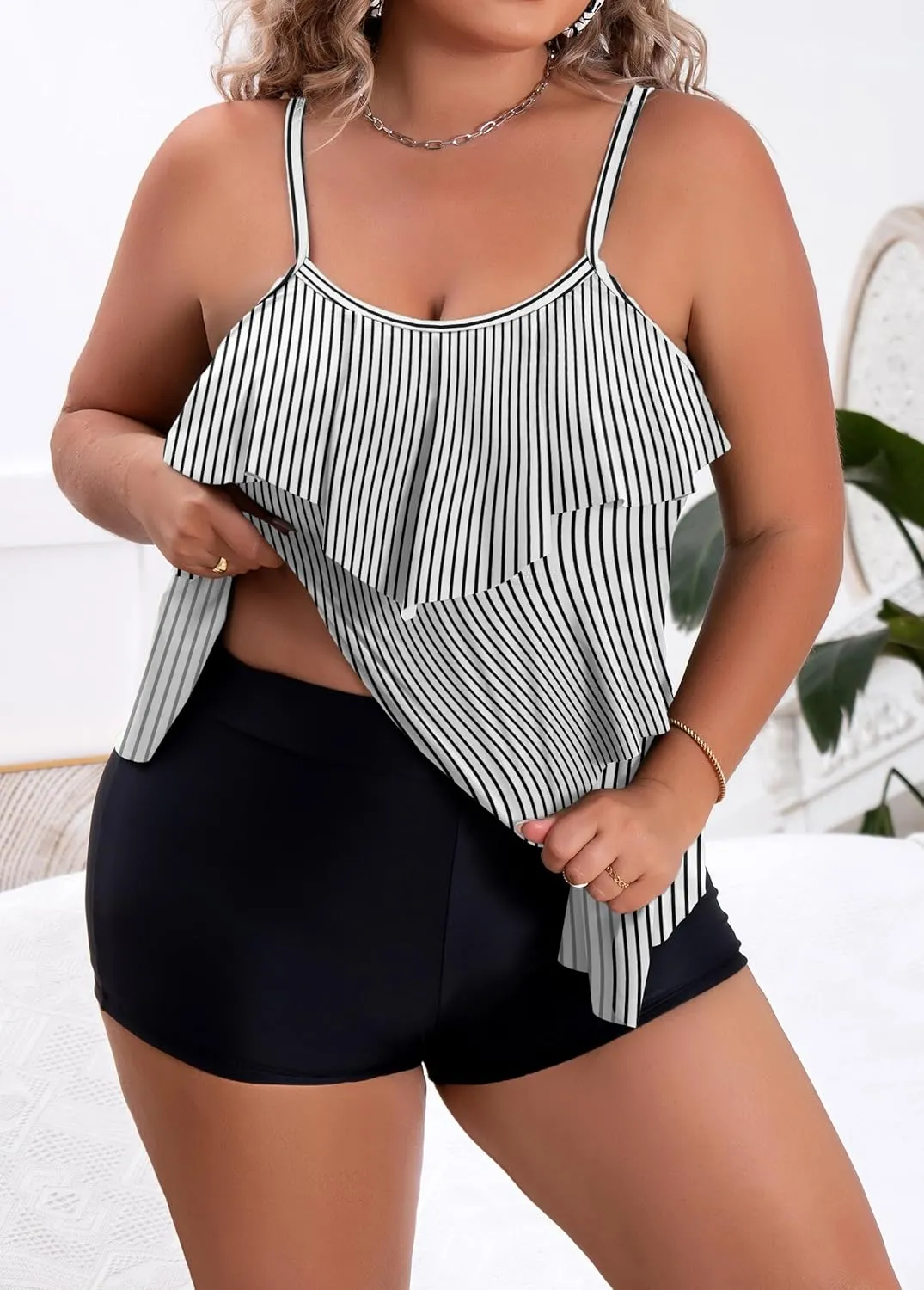 B2prity Women Plus Size Tankini Swimsuits Tummy Control Two Piece Bathing Suit Ruffled Flounce Swimwear with Shorts