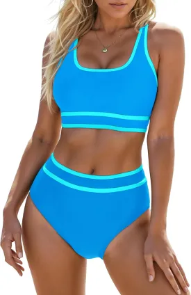 Blooming Jelly Womens High Waist Bikini Sets Sporty Color Block Two Piece Swimsuits Scoop Neck Cheeky Bathing Suits