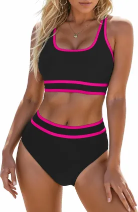 Blooming Jelly Womens High Waist Bikini Sets Sporty Color Block Two Piece Swimsuits Scoop Neck Cheeky Bathing Suits