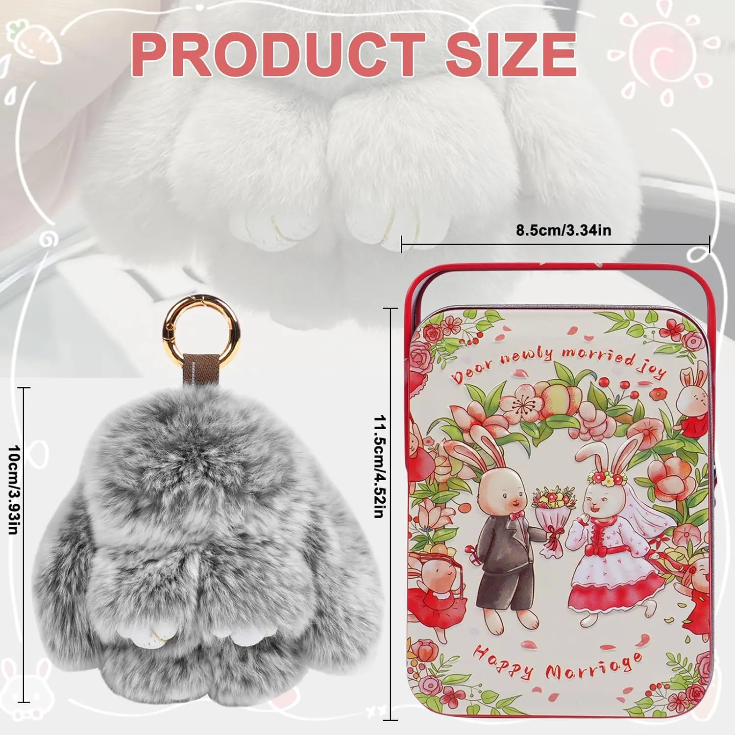 Bunny Lulu Cute Keychain with tin, Handmade Plush Bunnylulu Keychain accessories for women, Soft Bunny Pompom Keychain Gift