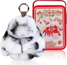 Bunny Lulu Cute Keychain with tin, Handmade Plush Bunnylulu Keychain accessories for women, Soft Bunny Pompom Keychain Gift