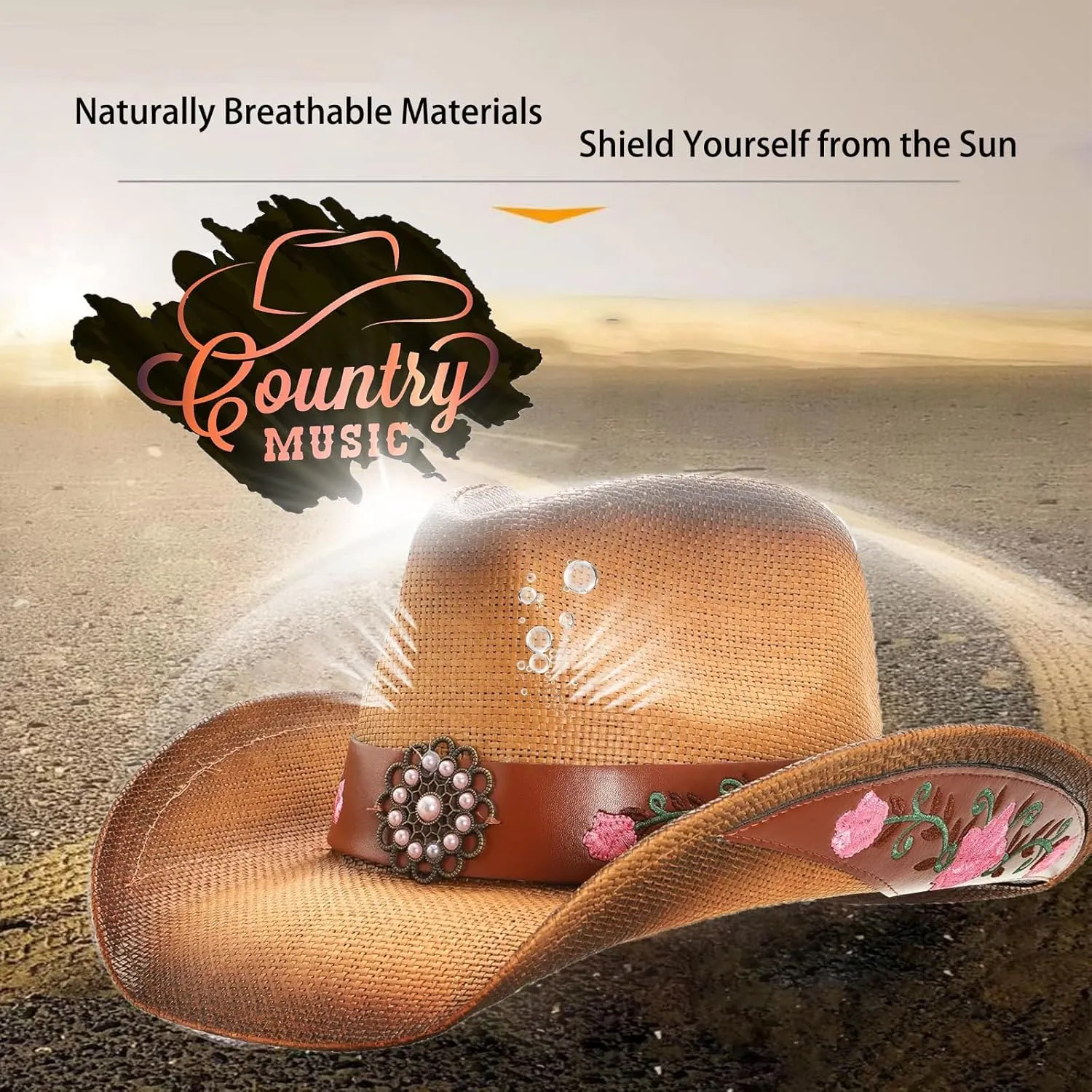 Cowboy Hats for Women, Brown Cowgirl Hats Classic Straw Western Hats for Women Music Festival Party Beach.