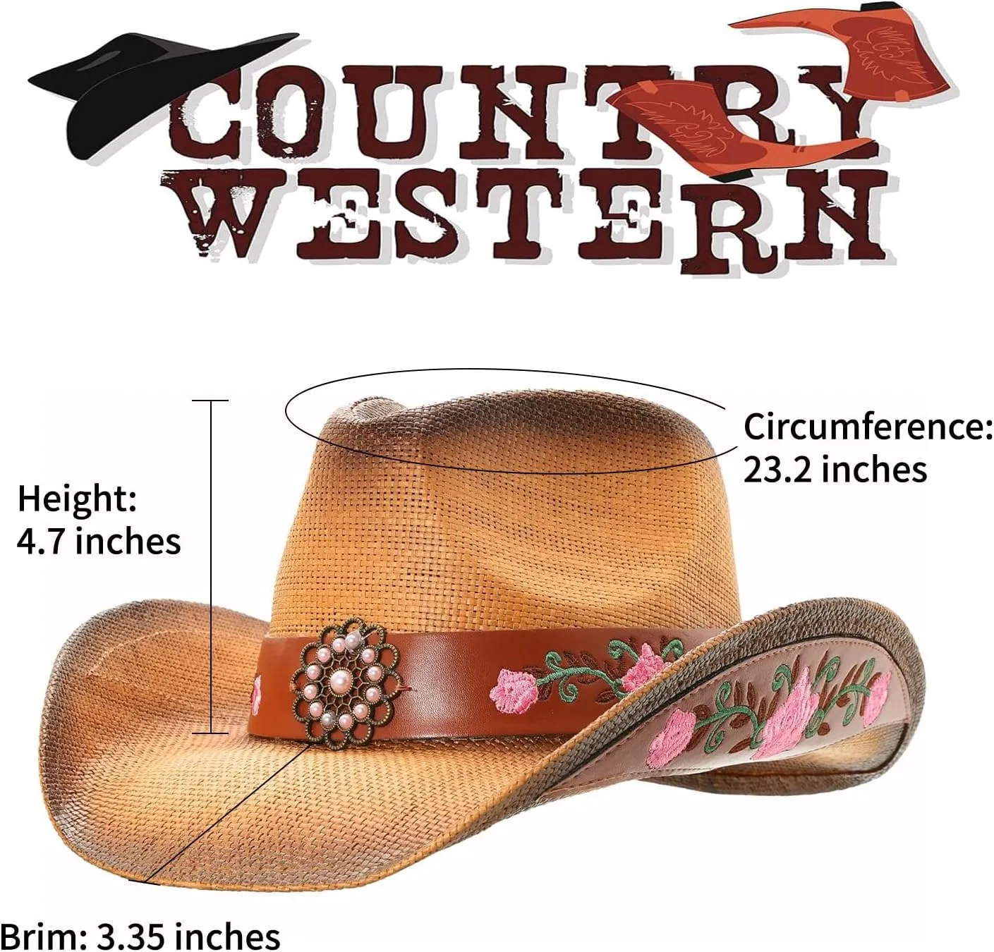 Cowboy Hats for Women, Brown Cowgirl Hats Classic Straw Western Hats for Women Music Festival Party Beach.
