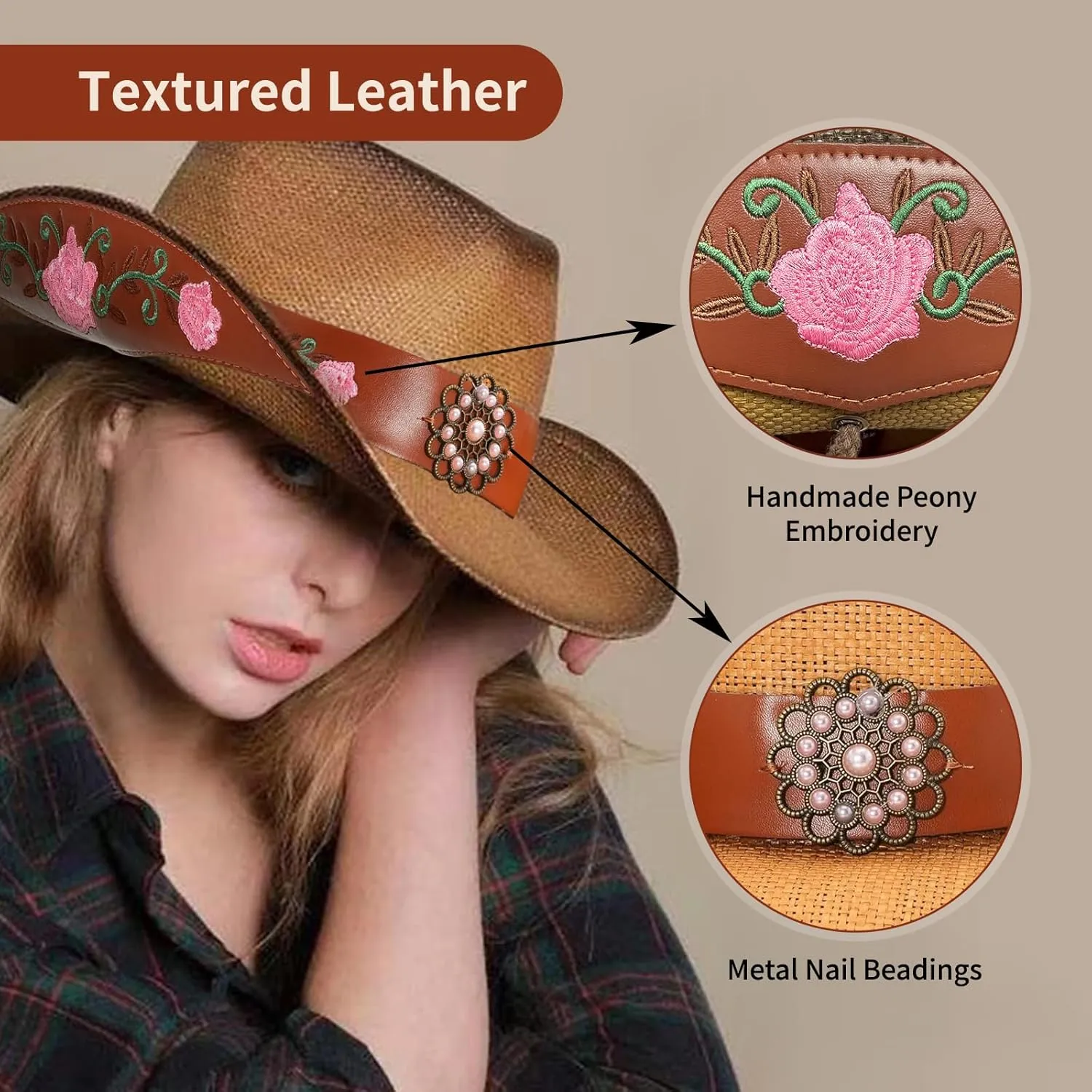 Cowboy Hats for Women, Brown Cowgirl Hats Classic Straw Western Hats for Women Music Festival Party Beach.