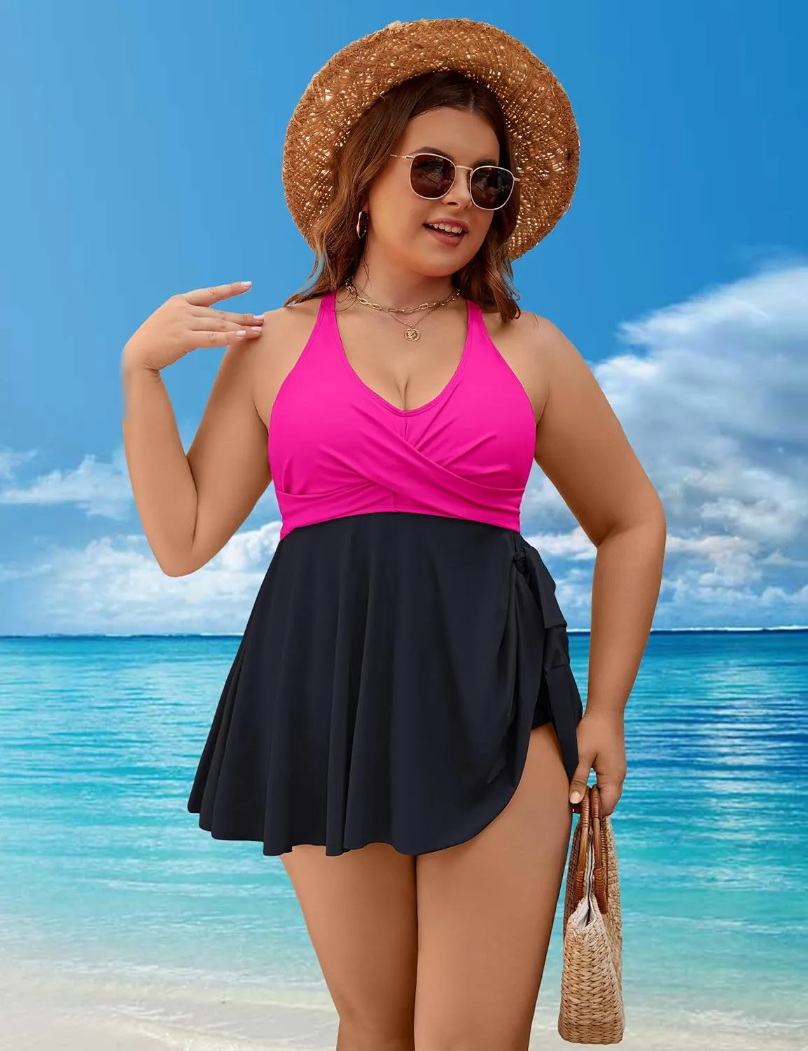 Edelqual Womens Plus Size Tankini Swimsuit Two Piece Tummy Control Bathing Suits Swim Dress Swimwear with Shorts