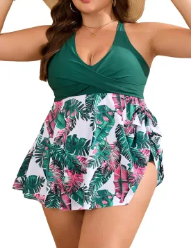 Edelqual Womens Plus Size Tankini Swimsuit Two Piece Tummy Control Bathing Suits Swim Dress Swimwear with Shorts