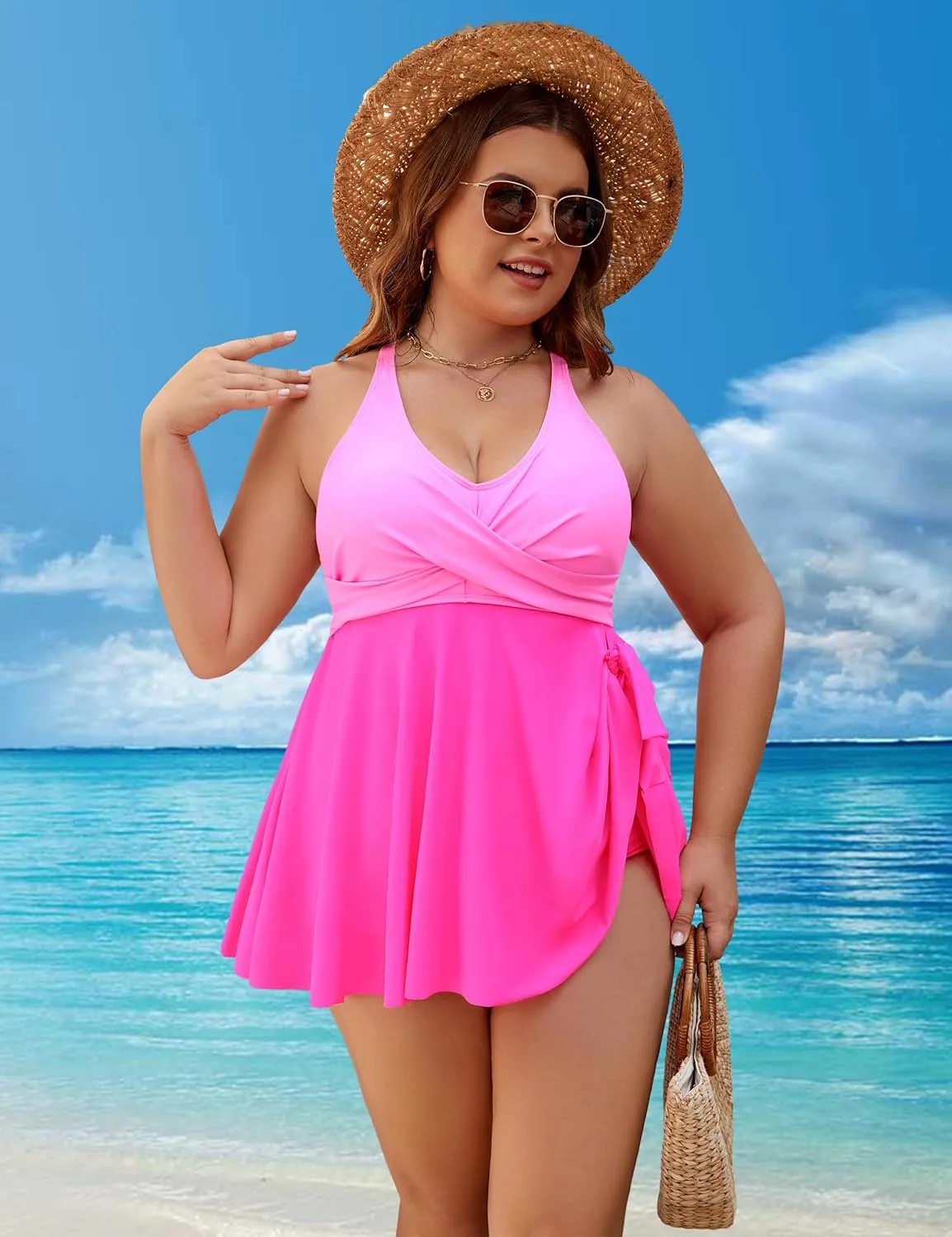 Edelqual Womens Plus Size Tankini Swimsuit Two Piece Tummy Control Bathing Suits Swim Dress Swimwear with Shorts