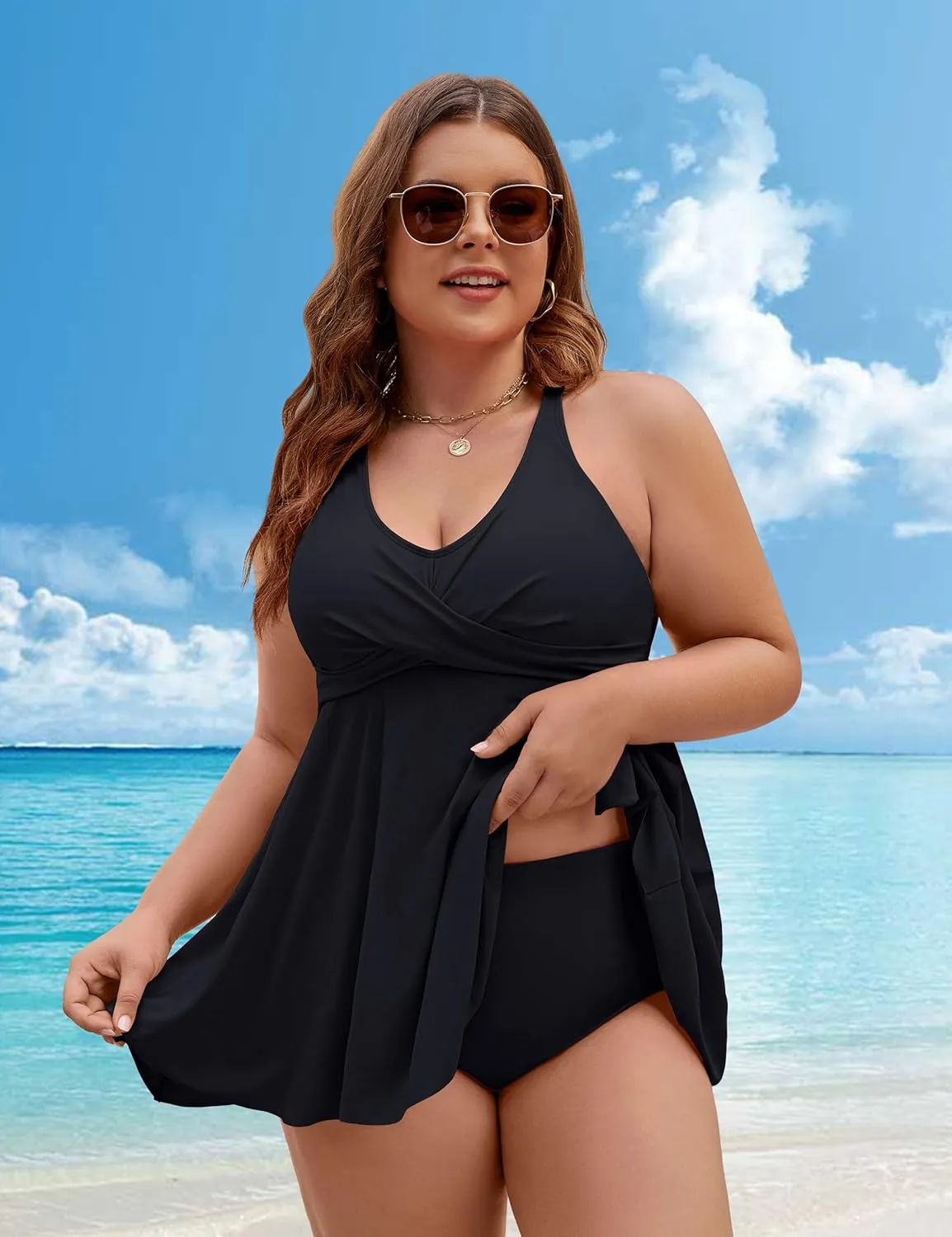 Edelqual Womens Plus Size Tankini Swimsuit Two Piece Tummy Control Bathing Suits Swim Dress Swimwear with Shorts