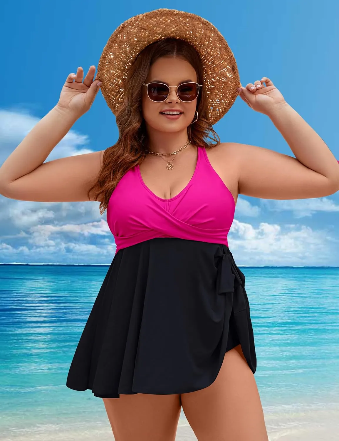 Edelqual Womens Plus Size Tankini Swimsuit Two Piece Tummy Control Bathing Suits Swim Dress Swimwear with Shorts
