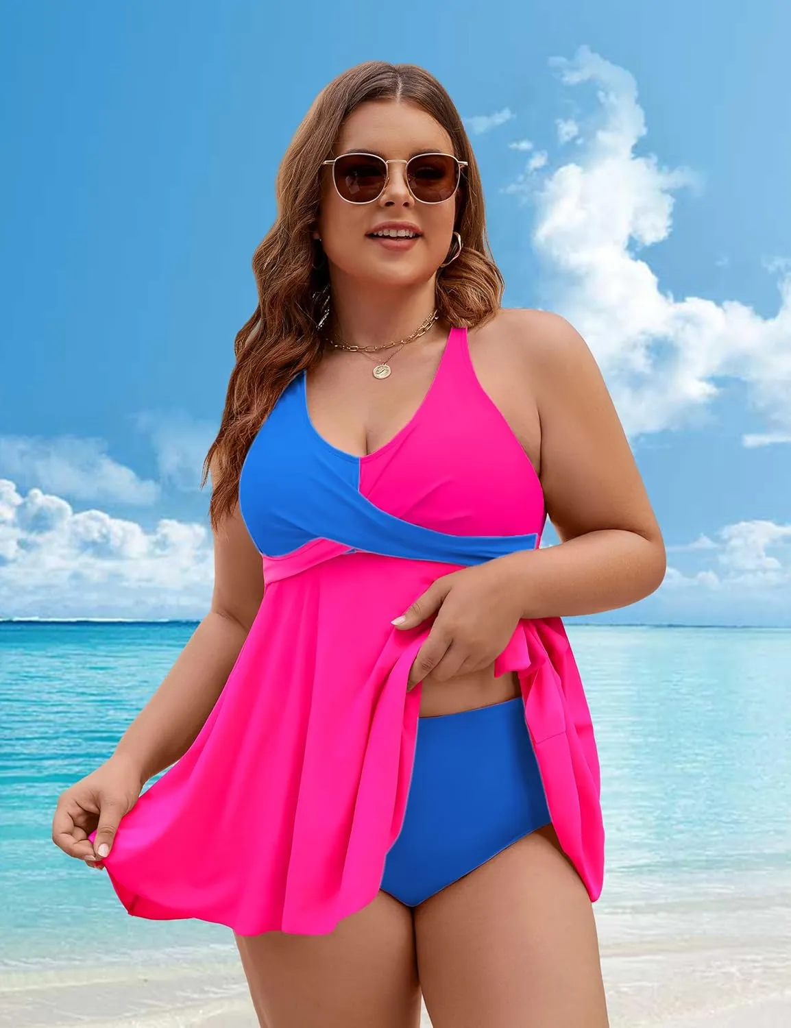 Edelqual Womens Plus Size Tankini Swimsuit Two Piece Tummy Control Bathing Suits Swim Dress Swimwear with Shorts
