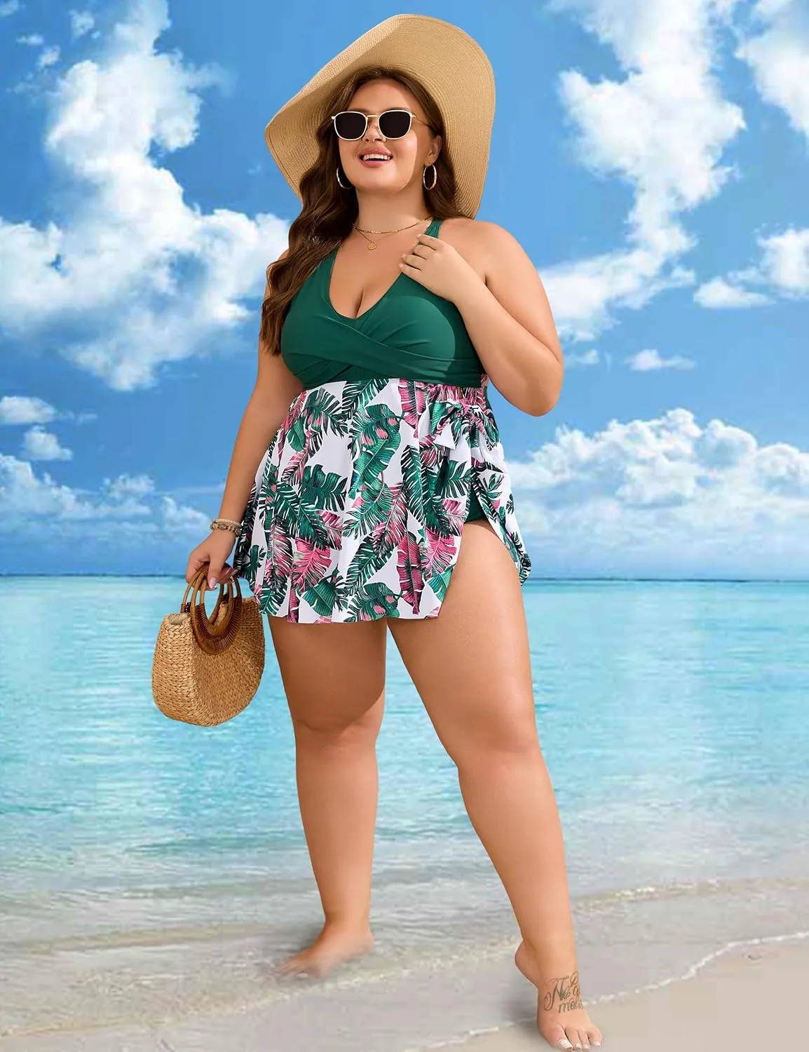 Edelqual Womens Plus Size Tankini Swimsuit Two Piece Tummy Control Bathing Suits Swim Dress Swimwear with Shorts