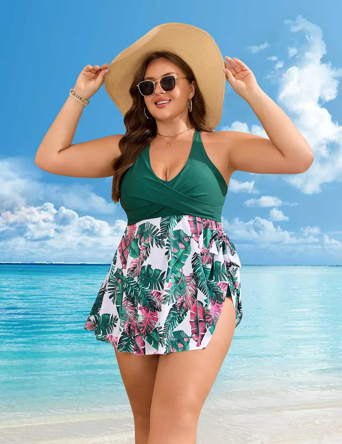 Edelqual Womens Plus Size Tankini Swimsuit Two Piece Tummy Control Bathing Suits Swim Dress Swimwear with Shorts
