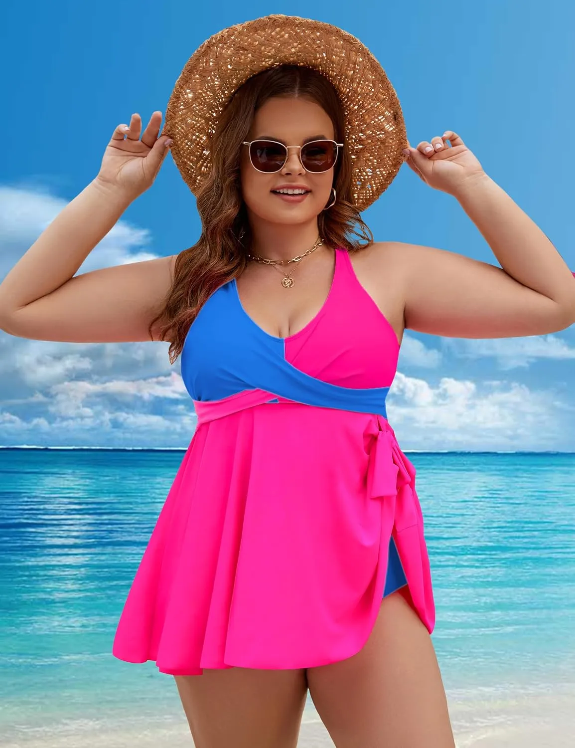 Edelqual Womens Plus Size Tankini Swimsuit Two Piece Tummy Control Bathing Suits Swim Dress Swimwear with Shorts