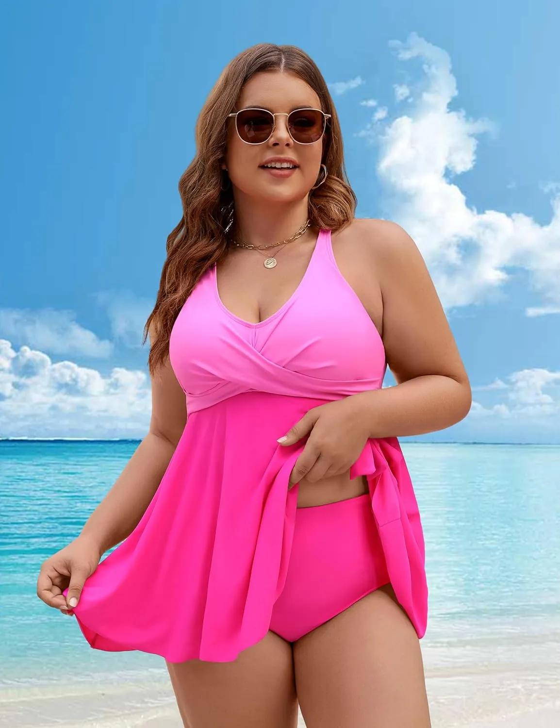 Edelqual Womens Plus Size Tankini Swimsuit Two Piece Tummy Control Bathing Suits Swim Dress Swimwear with Shorts