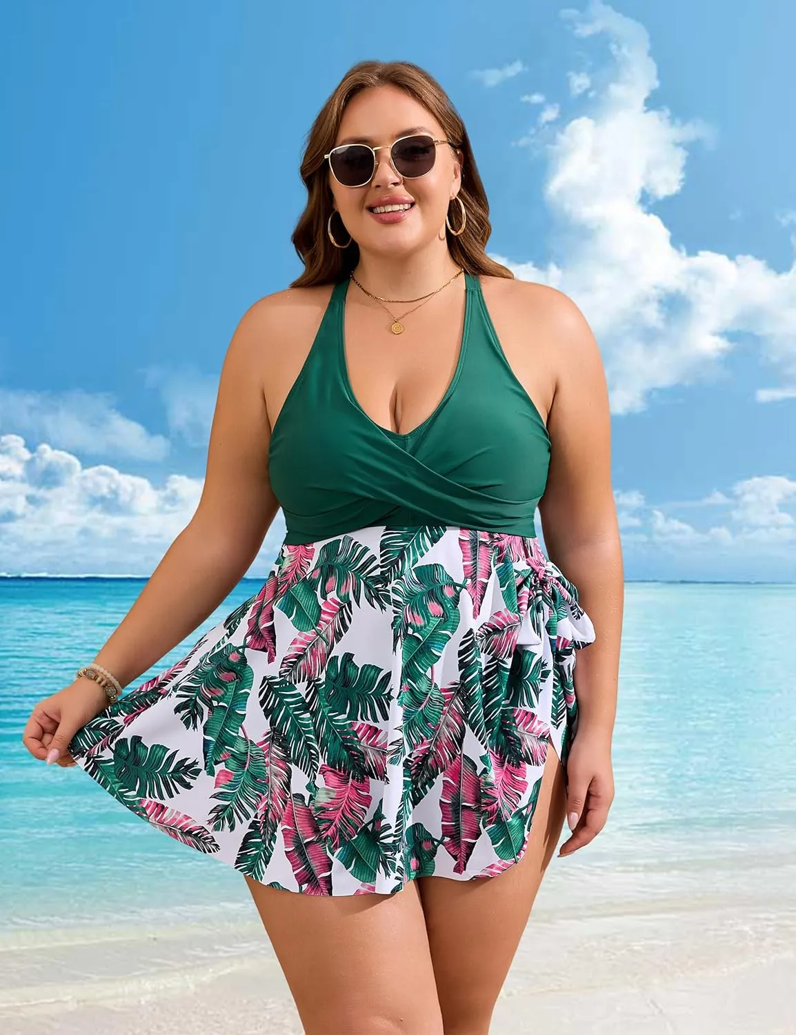 Edelqual Womens Plus Size Tankini Swimsuit Two Piece Tummy Control Bathing Suits Swim Dress Swimwear with Shorts