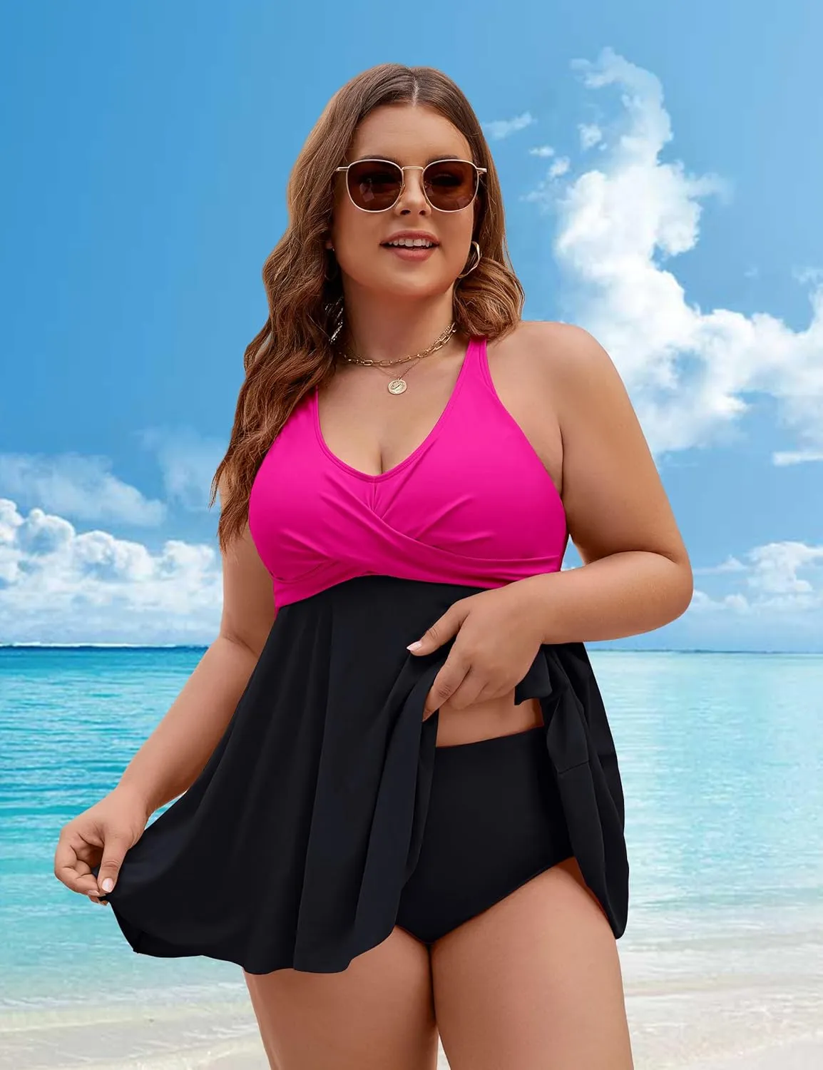 Edelqual Womens Plus Size Tankini Swimsuit Two Piece Tummy Control Bathing Suits Swim Dress Swimwear with Shorts