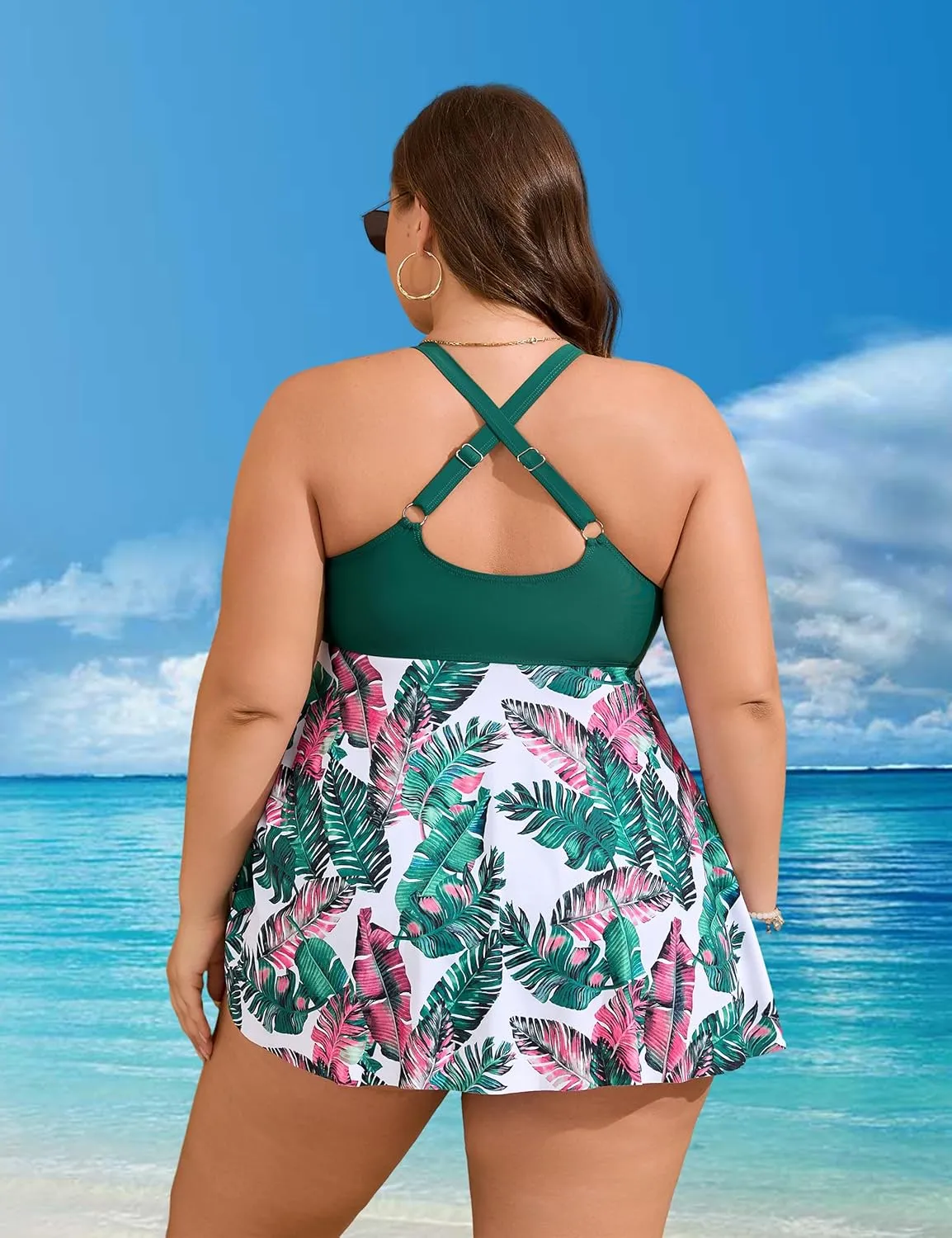 Edelqual Womens Plus Size Tankini Swimsuit Two Piece Tummy Control Bathing Suits Swim Dress Swimwear with Shorts