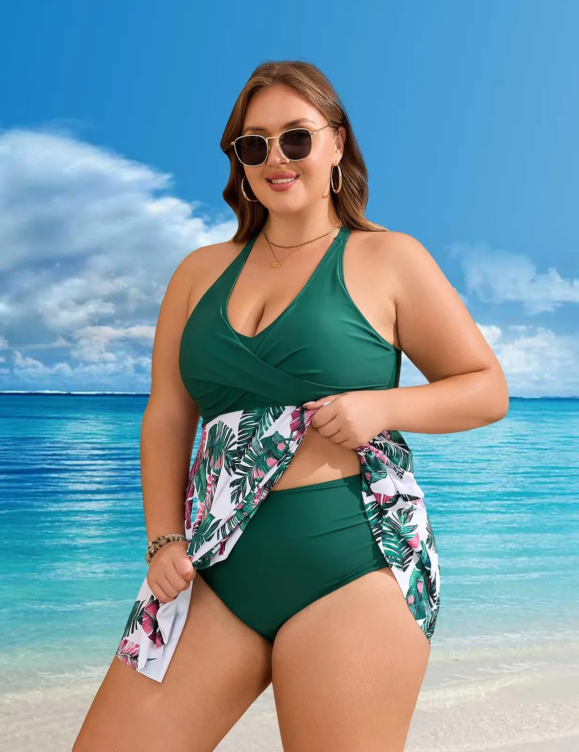 Edelqual Womens Plus Size Tankini Swimsuit Two Piece Tummy Control Bathing Suits Swim Dress Swimwear with Shorts