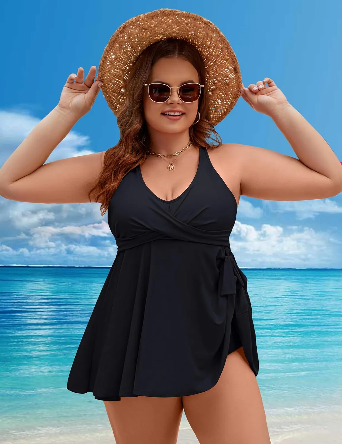 Edelqual Womens Plus Size Tankini Swimsuit Two Piece Tummy Control Bathing Suits Swim Dress Swimwear with Shorts