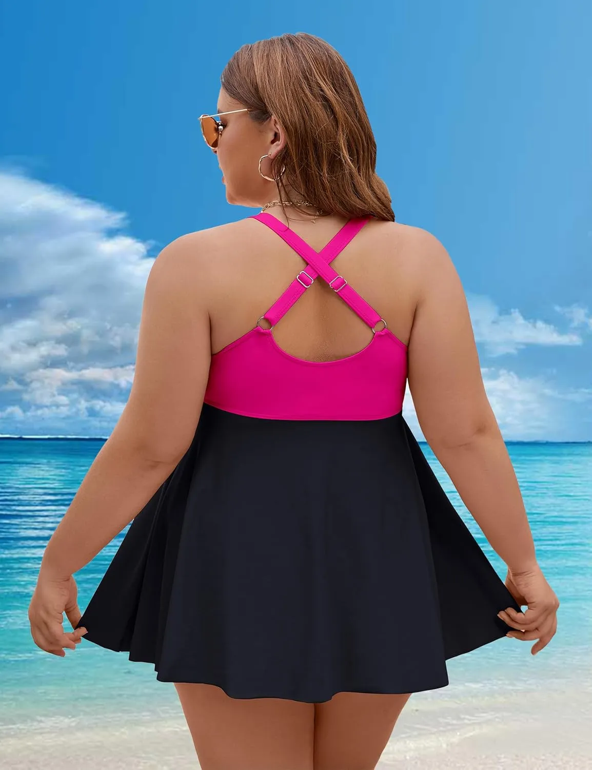 Edelqual Womens Plus Size Tankini Swimsuit Two Piece Tummy Control Bathing Suits Swim Dress Swimwear with Shorts