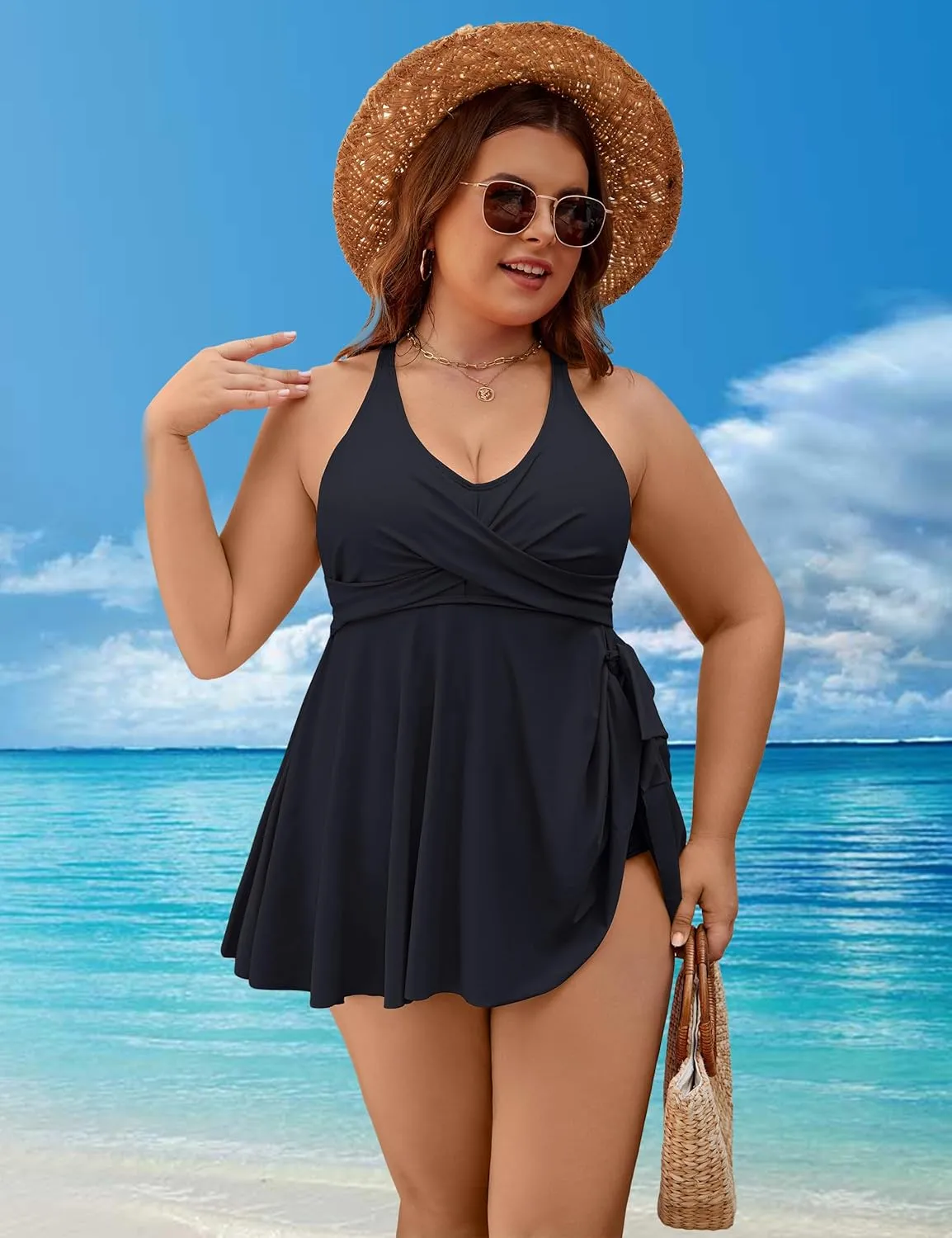 Edelqual Womens Plus Size Tankini Swimsuit Two Piece Tummy Control Bathing Suits Swim Dress Swimwear with Shorts