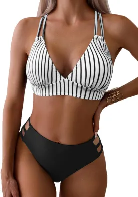 Fanuerg Women's Sexy V Neck Bikini Sets Hollow Out Two Piece Swimsuits Cutout Mid Waist Bathing Suit