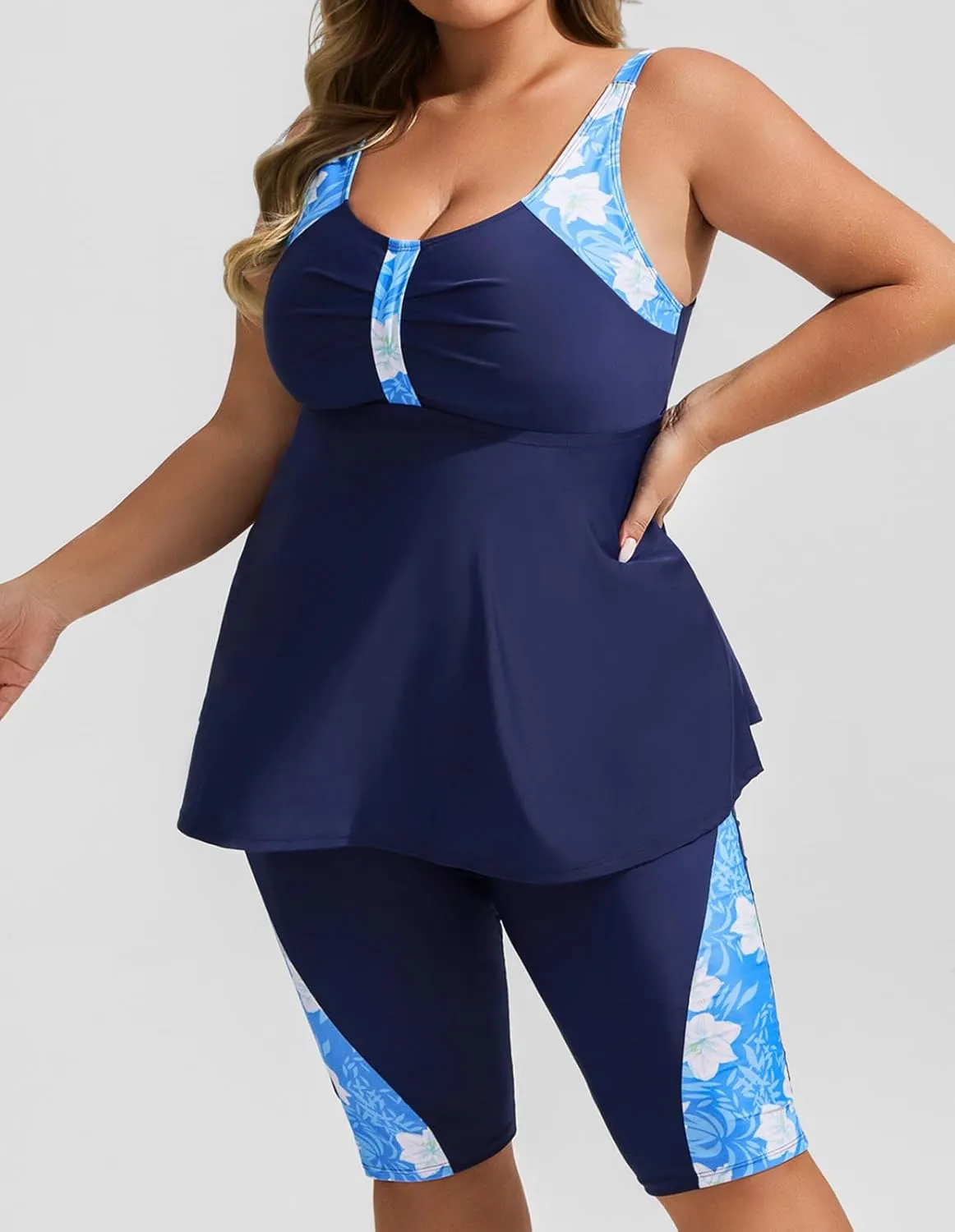 Hanna Nikole Women's Plus Size Tankini Swimsuits Two Piece Bathing Suit Flowy Rash Guard Swimwear with Capris Shorts