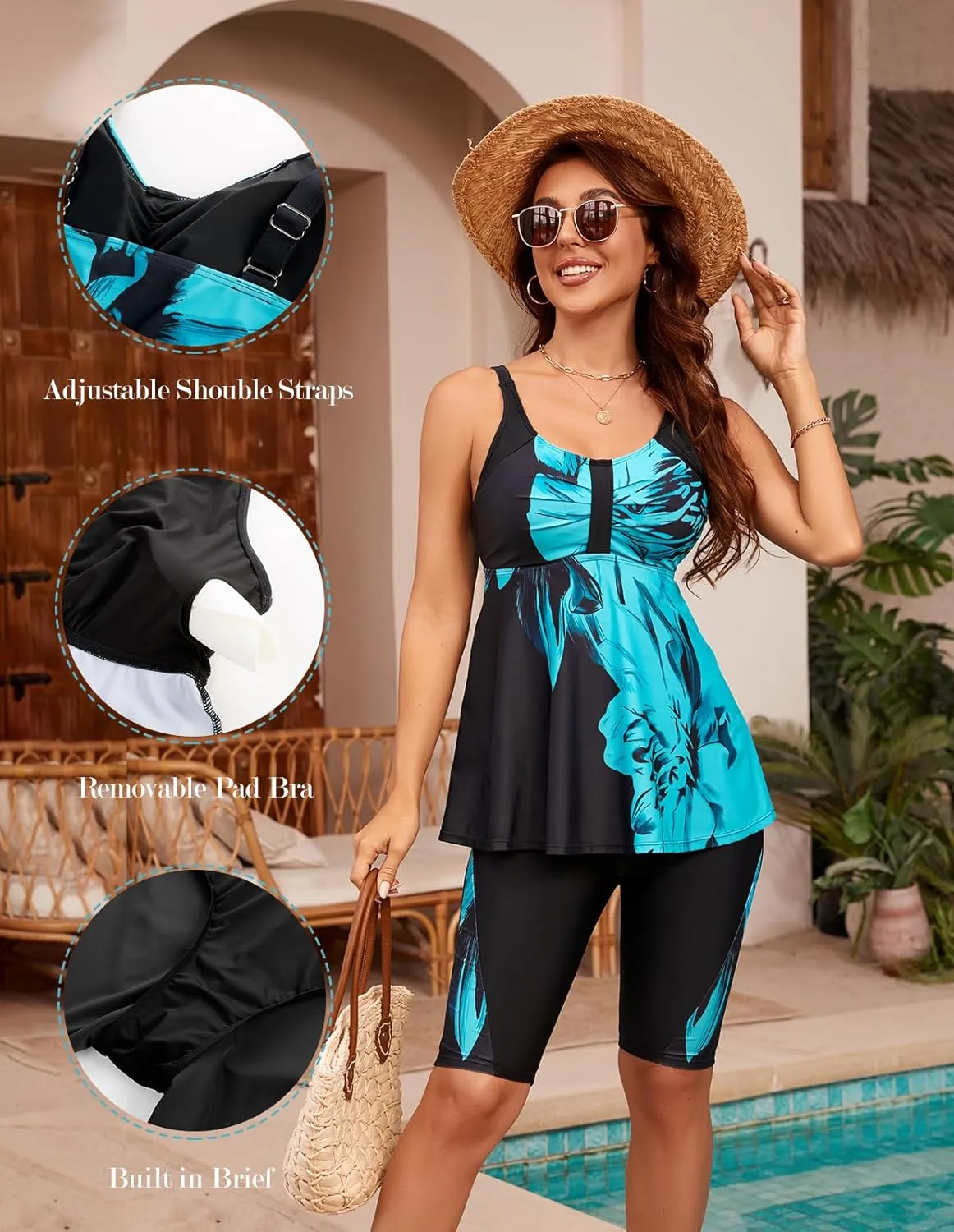 Hanna Nikole Women's Plus Size Tankini Swimsuits Two Piece Bathing Suit Flowy Rash Guard Swimwear with Capris Shorts