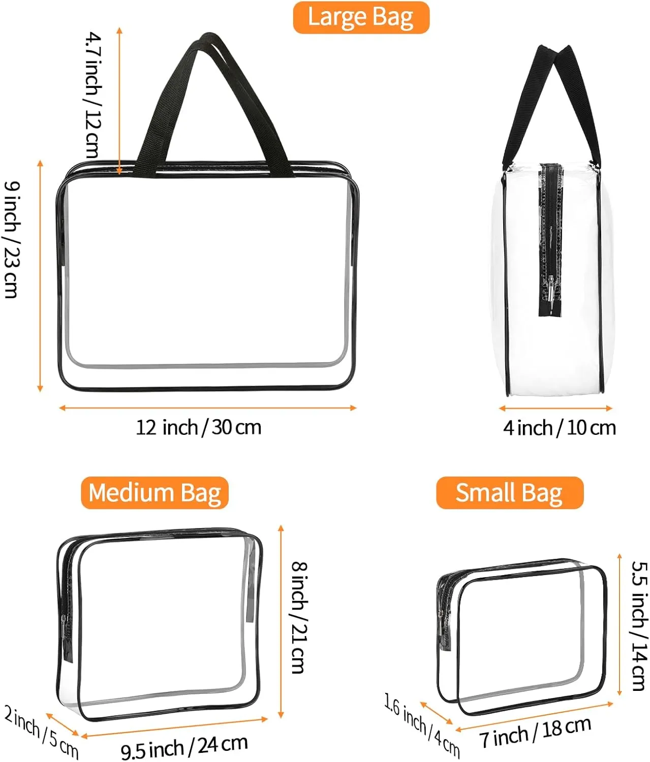 HAOGUAGUA 3 Pieces Large Clear Travel Bags for Toiletries, Waterproof Clear Plastic Cosmetic Makeup Bags, Transparent Packing Organizer Storage Bags (Black)