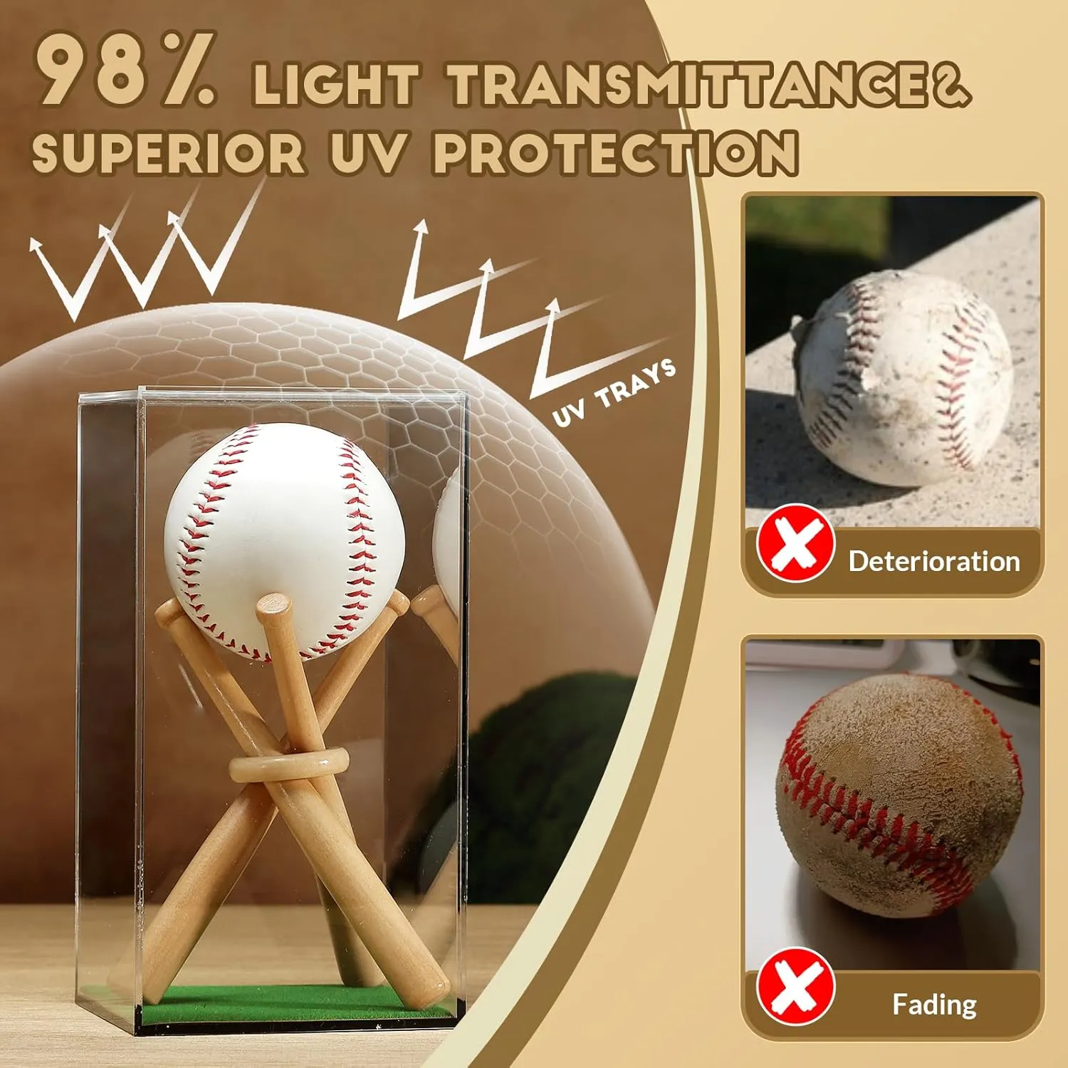 JupDec Baseball Display Case with Wood Stand, Clear Acrylic Stable & Secure Game Ball Holder Showcase, UV Protection Souvenirs and Collectibles Box with Turf, Ideal Gift for Autograph Single MLB Ball