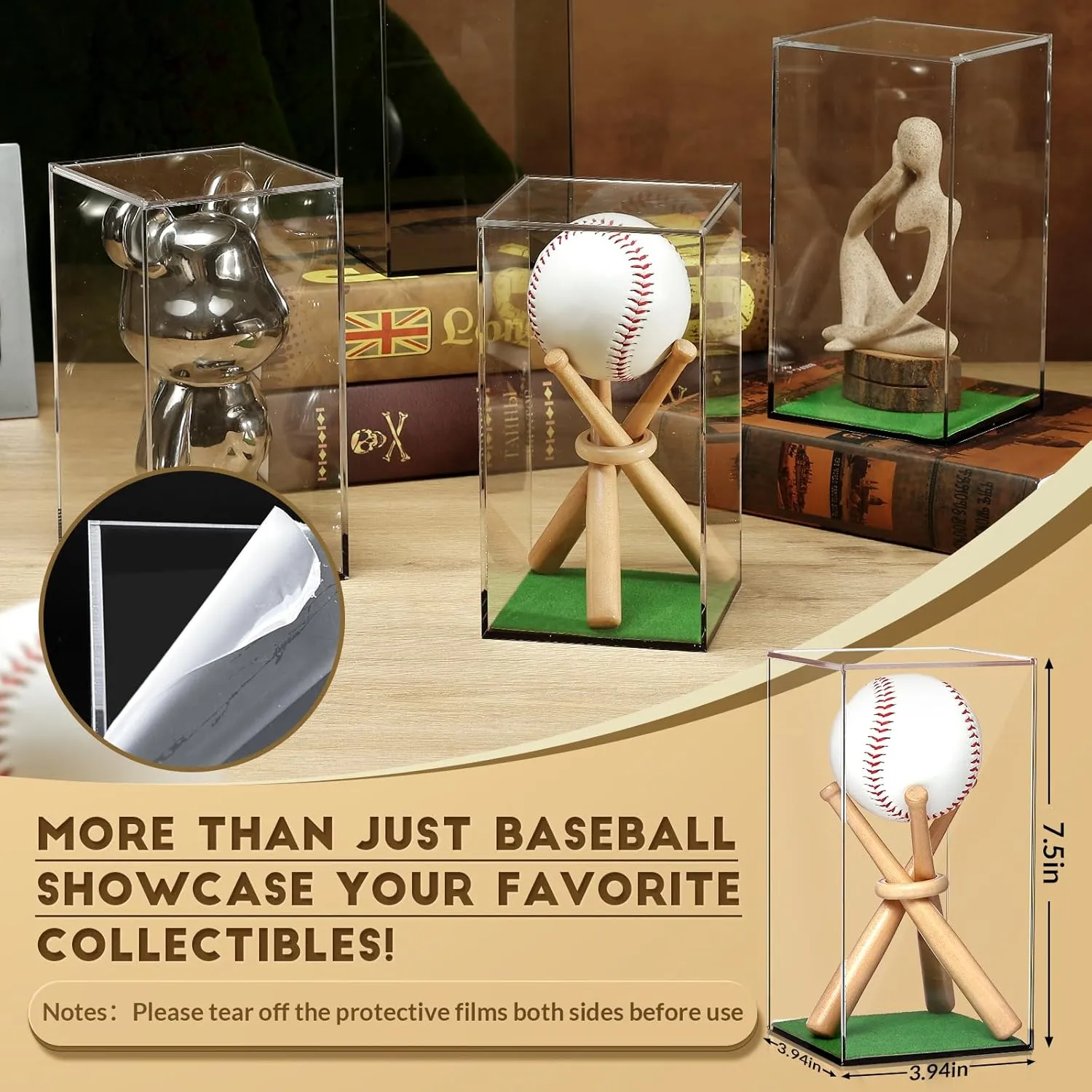 JupDec Baseball Display Case with Wood Stand, Clear Acrylic Stable & Secure Game Ball Holder Showcase, UV Protection Souvenirs and Collectibles Box with Turf, Ideal Gift for Autograph Single MLB Ball