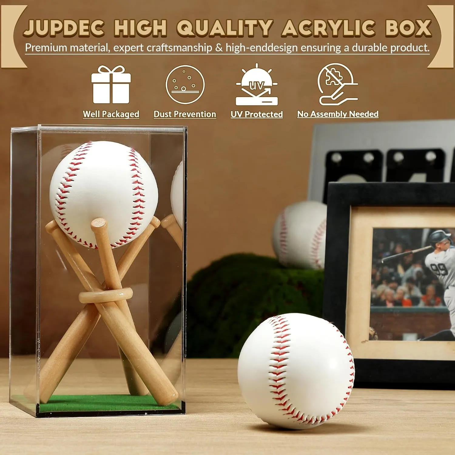 JupDec Baseball Display Case with Wood Stand, Clear Acrylic Stable & Secure Game Ball Holder Showcase, UV Protection Souvenirs and Collectibles Box with Turf, Ideal Gift for Autograph Single MLB Ball