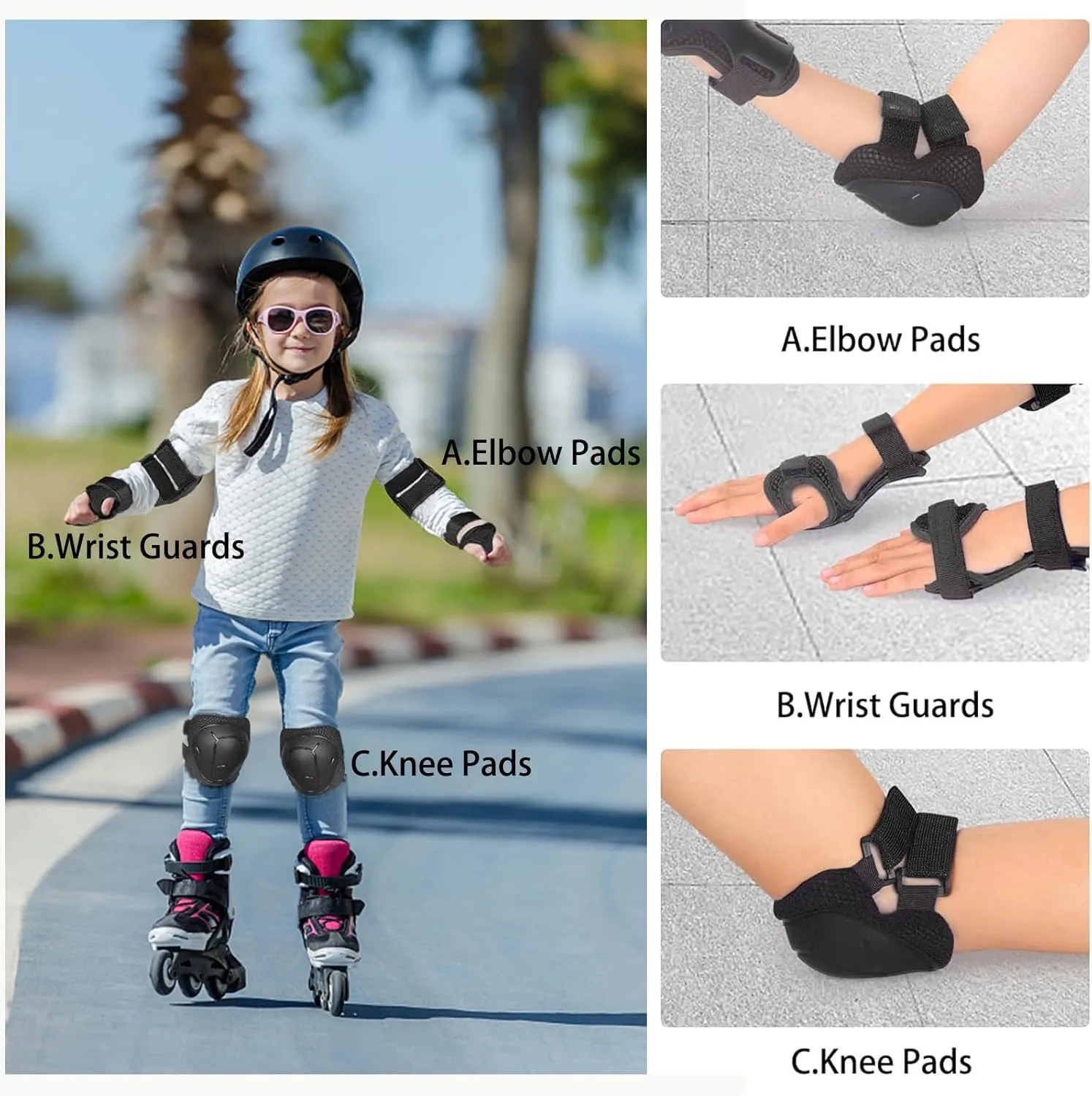 Kids/Youth Knee Pads and Elbow Pads Set with Wrist Guard 3 in 1 Kids Protective Gear Set for 3-14 Years for Skateboarding, Skiing, Cycling, BMX Biking, Running, Scooter