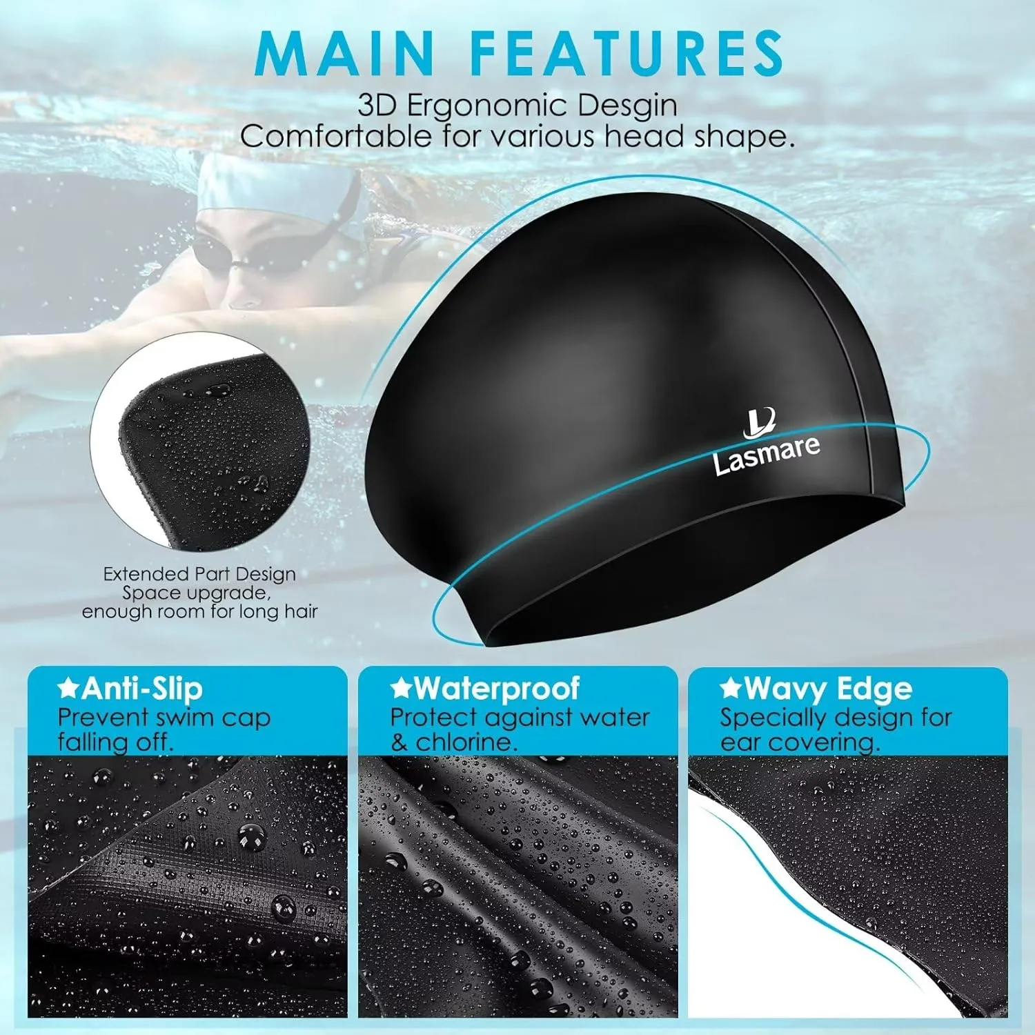 Large Long Hair Swim Cap with Extra Room for Women Men, Silicone Swimming Cap for Long Thick Hair with Ear Plugs Nose Clip Set, Adult Waterproof Swim Hats Bathing Caps to Keep Hair Dry