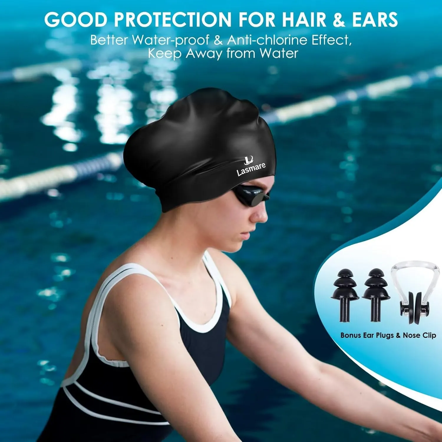 Large Long Hair Swim Cap with Extra Room for Women Men, Silicone Swimming Cap for Long Thick Hair with Ear Plugs Nose Clip Set, Adult Waterproof Swim Hats Bathing Caps to Keep Hair Dry