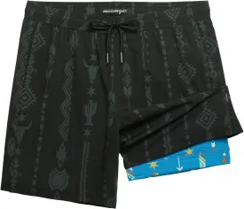maamgic Mens Swim Trunks with Compression Liner 7 Inch Inseam Mens Bathing Suit Quick Dry Swimming Trunks Swimsuit Folk Pattern Black and Blue Medium