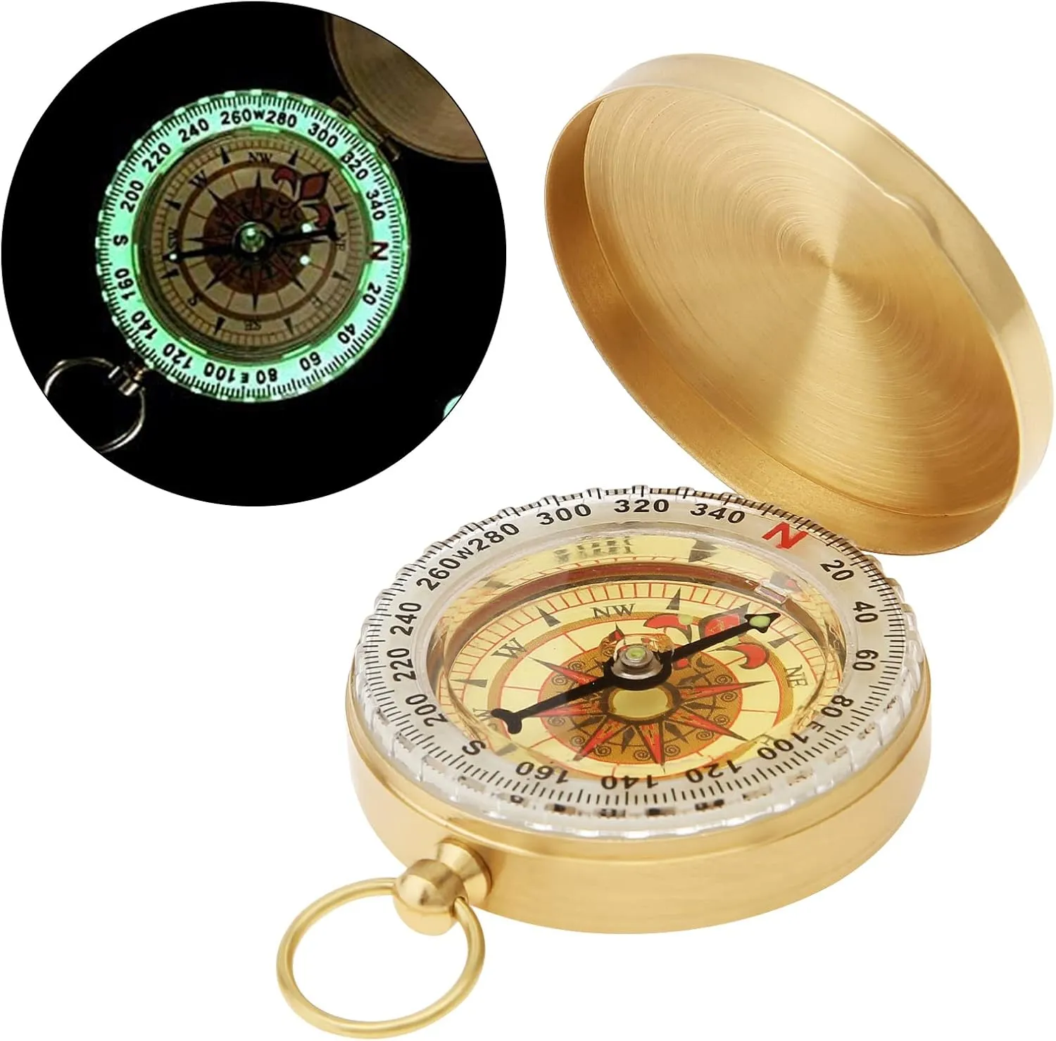 Military Compass Metal Army Sighting Compass Mini Portable Copper Waterproof Luminous Navigation Multifunctional Retro Flip Compass with Inclinometer for Hiking, Camping Outdoor Riding Tool