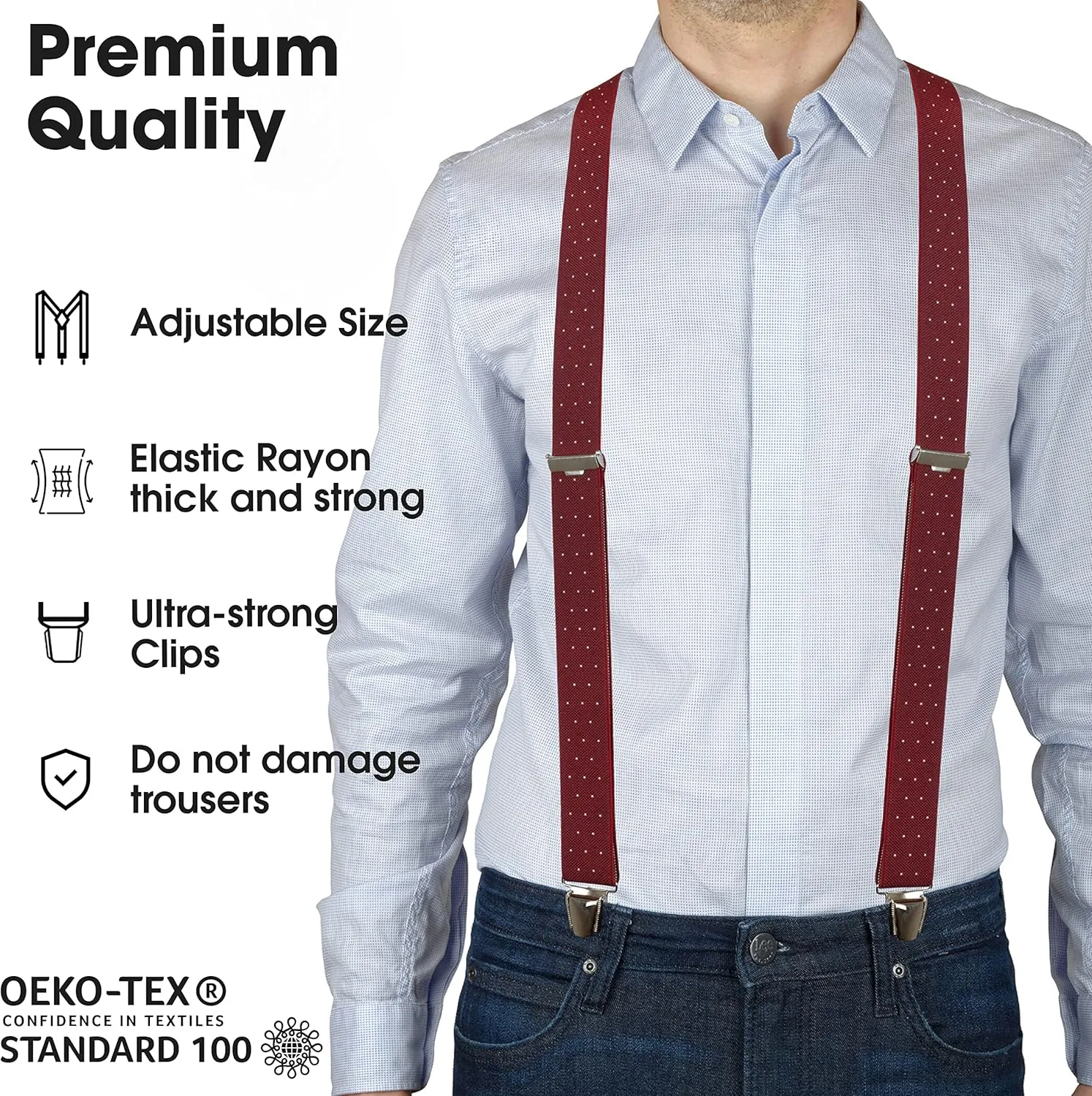 PIERROT Suspenders for Men Premium with Very Strong Clips - One Size Adjustable - Wide Heavy Duty Braces for Men Trousers