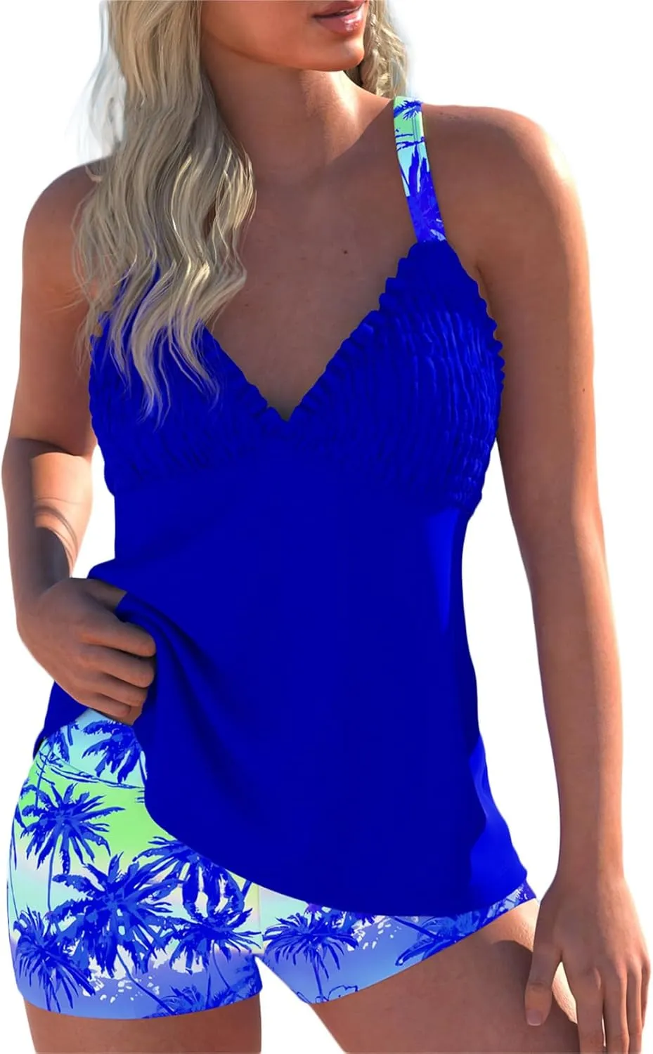 ROSEWE Womens Tankini Bathing Suits, Two-Piece Smocked Swim Dress, Print Swimsuits with Board Shorts