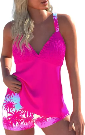 ROSEWE Womens Tankini Bathing Suits, Two-Piece Smocked Swim Dress, Print Swimsuits with Board Shorts