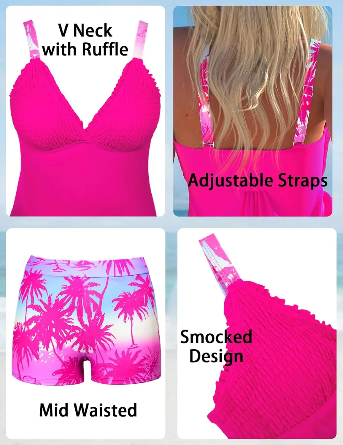 ROSEWE Womens Tankini Bathing Suits, Two-Piece Smocked Swim Dress, Print Swimsuits with Board Shorts